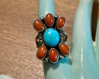 Native American coral and Turquoise ring