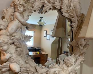 Cherub/leaf mirror is 33" x 33"