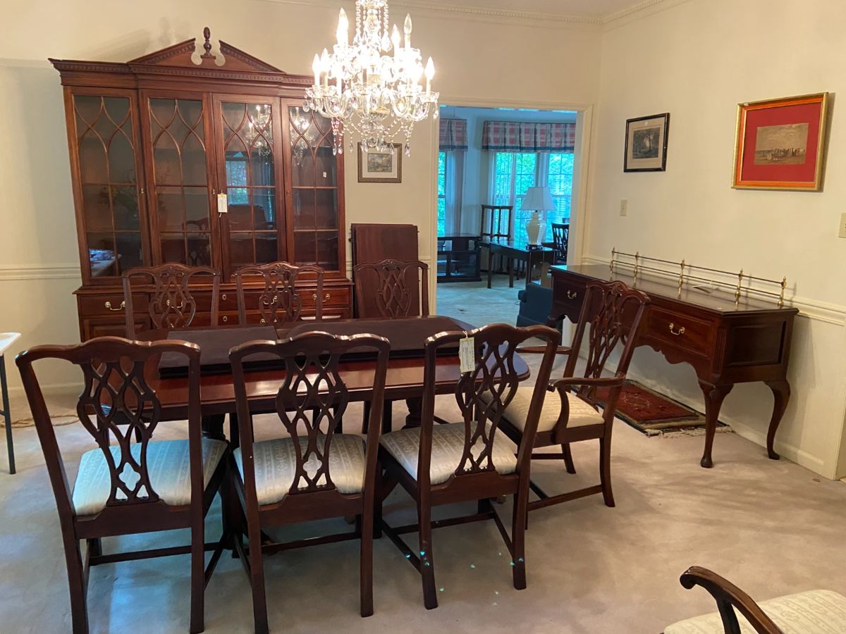 #1 Table-DR Unique furniture double pedestal dining table with 8 chairs w 3 leaf 69-123x46x29 $275.00
#2 cab-DR Davis China Cabinet with 4 glass doors, 2 wood doors and 6 drawers 67x18x72, 2 pieces $275.00
#3 table-dr Davis Cabinets Buffet, 3 drawers 72x19x33 $500.00
