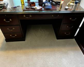 #19 desk, 5 drawers (2 of them filing drawers), glass protected top 67x30x29 $75.00