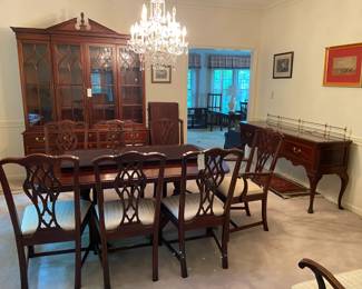 #1	Table-DR	Unique furniture double pedestal dining table with 8 chairs w 3 leaf 69-123x46x29	 $275.00 			
#2	cab-DR	Davis China Cabinet with 4 glass doors, 2 wood doors and 6 drawers 67x18x72, 2 pieces	 $275.00 			
#3	table-dr	Davis Cabinets Buffet, 3 drawers  72x19x33	 $500.00 			
