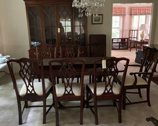 #1 Table-DR Unique furniture double pedestal dining table with 8 chairs w 3 leaf 69-123x46x29 $275.00
#2 cab-DR Davis China Cabinet with 4 glass doors, 2 wood doors and 6 drawers 67x18x72, 2 pieces $275.00