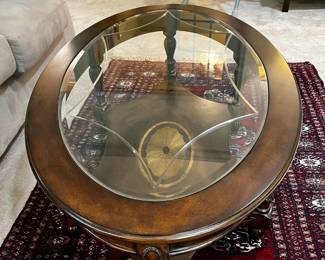 #89 Wood w/inlay Shelf bottom w/Beveled Glass Top w/etched design - oval Shape - 46x29x18 $100.00