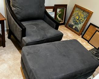 #94 Gray Chair w/loose back cushion w/ottoman w/black trim $100.00