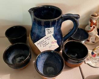 #107 Artisan Pottery Pitcher w/5 cups - signed - 6 pc $30.00