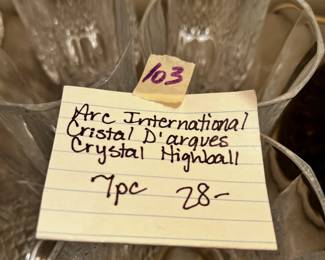 #102 Arc International Cristal D'Arques Crystal Highball - 9 pc $36.00
#103 Arc International Cristal D'Arques Crystal Highball - 8 pc $32.00
