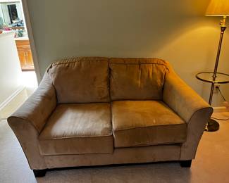 #65 Tan Loveseat Sofa - Microfiber - 61Table Floor Lamp - w/glass round table - 61" Wide - Upstairs - You Bring help to move $65.00
