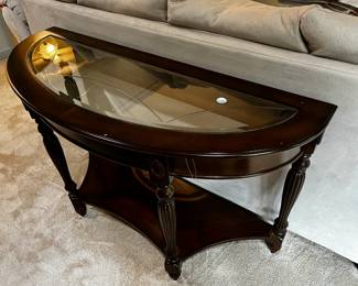 #91 Wood w/beveled Glass half moon Sofa Table w/inlay Shelf Bottom - 48x18x29 $125.00