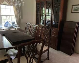 #1 Table-DR Unique furniture double pedestal dining table with 8 chairs w 3 leaf 69-123x46x29 $275.00
#2 cab-DR Davis China Cabinet with 4 glass doors, 2 wood doors and 6 drawers 67x18x72, 2 pieces $275.00