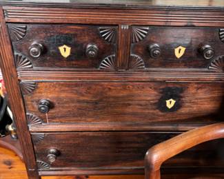 Early 1800s Sheraton Chest with Adam carving and ivory escutcheons