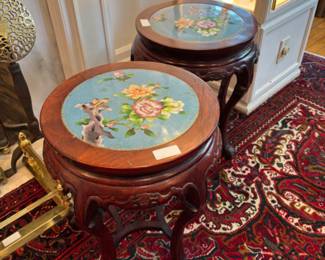 Pair of Rosewood and Cloisonné garden stools