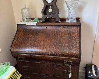 unusual drop front desk with tiger maple. clock, shredder,