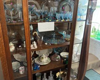 China cabinet, Fostoria Blue Azure Versailles dishes, rare.