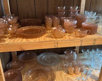 Waterford Waffle in clear and pink, depression glass, sold by the piece.