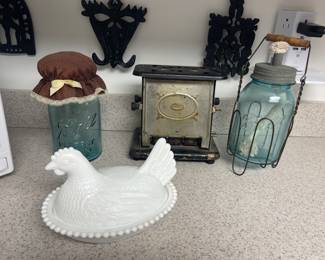 Milk Glass Hen, Vintage Ball Canning Jars, Vintage Toaster