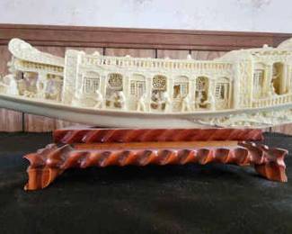 Chinese Hand Carved Bone, Sampan Fisherman Boat