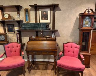 CHAIRS - ROLL TOP DESK - GRANDFATHER CLOCK