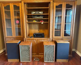 3 PIECE OAK ENTERTAINMENT CENTER HUTCH - VARIOUS SPEAKERS- PIONEER A50 X2 ADVENT SPEAKER X2