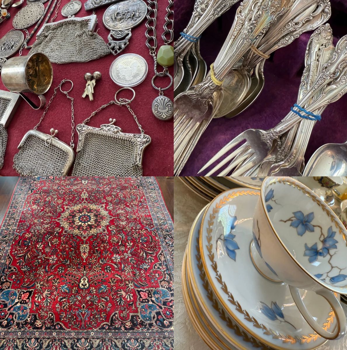 A Fabulous Jewelry Antiquities lot of sterling pieces. Sterling flatware, a gorgeous Hand Knotted, Fine traditional rug and Rosenthal Tea in Blue Danube.....what's not to like here?!!! 