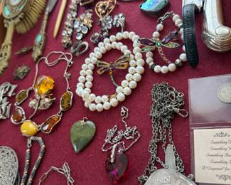 14kt pearl necklace, sterling jewelry and amazing Trifari Moonstone jewelry