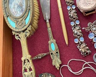 Antique bronze gilt brush and shoe horn. Coach watch. Trifari Moonstone.