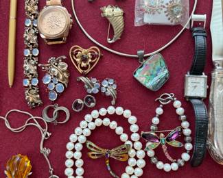 Burberry watch, amber and antique Trifari sterling flower brooch