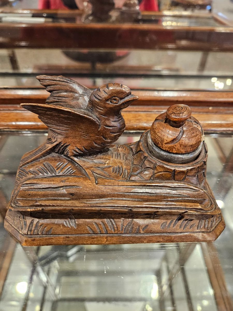 Beautiful black forest wood carved fountain pen rest with ink well