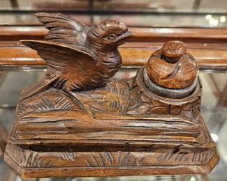 Beautiful black forest wood carved fountain pen rest with ink well