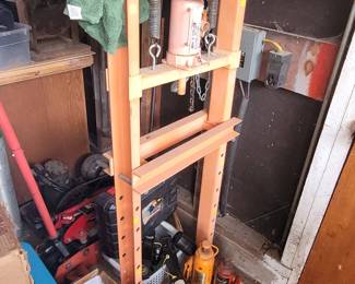 20 Ton Hydraulic Shop Press, various jacks, vintage air compressor