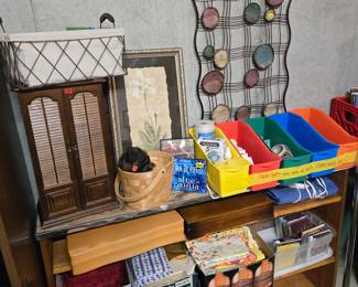 Vintage jewelry box, 2 boxes of silver plate silverware utensils, fabric pieces, toiletries, CDs, wall decor, fabric pieces, baskets, more!