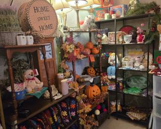 Granny square pillows (new/only stored), Clock, Halloween, Christmas, Easter, Lamps, Candles, More!