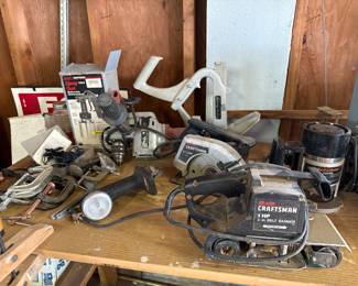Sears Craftsman 1 HP 3- in. Belt Sander; Black and Decker Router; Porta-Nailer; Sears Craftsman 2 1/4 HP 71/4" Circular Saw; Sears Craftsman Spray Gun