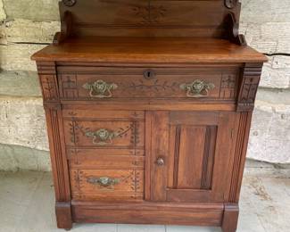 Walnut Washstand with Original Brass Hardware, Spoon Carved