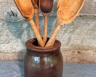 Brown Crock and Old Wooden Spoons