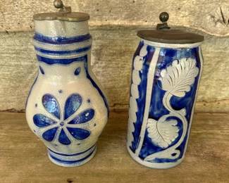 Blue Stoneware German Steins with Pewter Lids