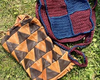 Hippie style leather patchwork pouch purse and knit handbag from the same era