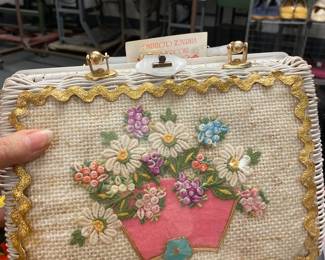 Basket o’ flowers straw handbag from the 1970’s