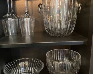 #131 - Mikasa Park Lane pattern - 189 pieces - BUY ALL for $1,500 -Hock wine (8), Red Wine (16), White wine (22), Ice water (19), Old fashion (16), Tumblers (7), Martini glasses (8), Digestive (8), Beer steins (8), Irish Coffee mugs (8), Champagne flutes (16), Sherbet Champagne (8), Bud vases (8), Coffee cups with handles (8), Candy dishes (4), Gravy bowl (2), Gravy bowl (2),Compote (8), Water pitcher, Candlesticks 2 tall / 4 smalls, Round veggie/slalad/fruit bowls (2), Trifle bowl (1), Champagne bucket (1) ice bucket (1), Decorative sea shell bowl (1)