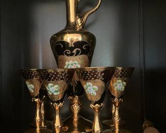#21 $120.00 Italian Murano carafe set purple / gold set of 6 glasses