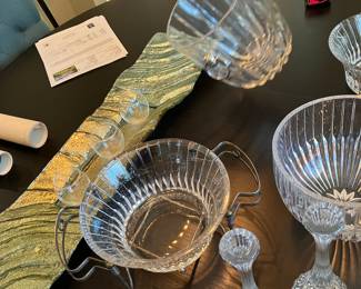 #131 - Mikasa Park Lane pattern - 189 pieces - BUY ALL for $1,500 -Hock wine (8), Red Wine (16), White wine (22), Ice water (19), Old fashion (16), Tumblers (7), Martini glasses (8), Digestive (8), Beer steins (8), Irish Coffee mugs (8), Champagne flutes (16), Sherbet Champagne (8), Bud vases (8), Coffee cups with handles (8), Candy dishes (4), Gravy bowl (2), Gravy bowl (2),Compote (8), Water pitcher, Candlesticks 2 tall / 4 smalls, Round veggie/slalad/fruit bowls (2), Trifle bowl (1), Champagne bucket (1) ice bucket (1), Decorative sea shell bowl (1)