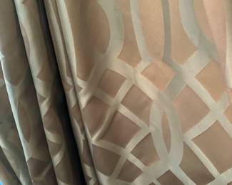 #42 $140 pair Dining room drapes brown/blue geometric pattern by Flower bloom