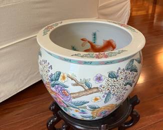 #61 $70.00 Fish bowl white wih floral on stand 13x17 with fish on the inside - not repro
