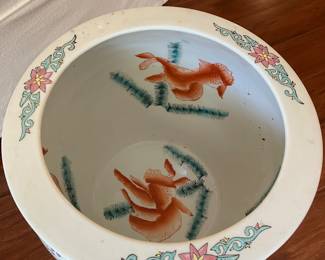 #61 $70.00 Fish bowl white wih floral on stand 13x17 with fish on the inside - not repro