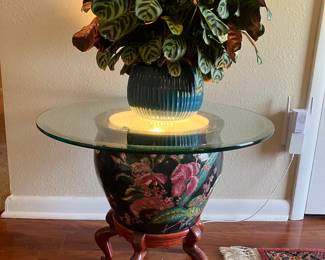 #60 - $80.00 Fish bowl black with floral & glass top 18Tx24 with fish on the inside - not repro