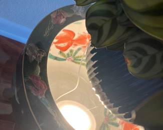 #60 $80.00 Fish bowl black with floral & glass top 18Tx24 with fish on the inside - not repro