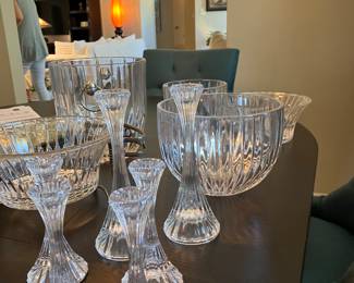 #131 - Mikasa Park Lane pattern - 189 pieces - BUY ALL for $1,500 -Hock wine (8), Red Wine (16), White wine (22), Ice water (19), Old fashion (16), Tumblers (7), Martini glasses (8), Digestive (8), Beer steins (8), Irish Coffee mugs (8), Champagne flutes (16), Sherbet Champagne (8), Bud vases (8), Coffee cups with handles (8), Candy dishes (4), Gravy bowl (2), Gravy bowl (2),Compote (8), Water pitcher, Candlesticks 2 tall / 4 smalls, Round veggie/slalad/fruit bowls (2), Trifle bowl (1), Champagne bucket (1) ice bucket (1), Decorative sea shell bowl (1)