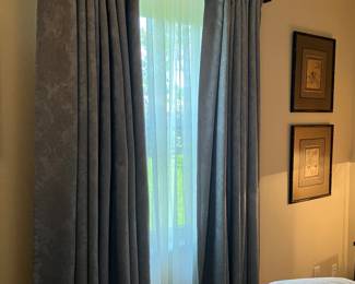#95 $80.00 per set Curtains set 85x48 (4 sets) velvetine grey damask.