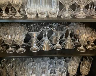 #131 - Mikasa Park Lane pattern - 189 pieces - BUY ALL for $1,500 -Hock wine (8), Red Wine (16), White wine (22), Ice water (19), Old fashion (16), Tumblers (7), Martini glasses (8), Digestive (8), Beer steins (8), Irish Coffee mugs (8), Champagne flutes (16), Sherbet Champagne (8), Bud vases (8), Coffee cups with handles (8), Candy dishes (4), Gravy bowl (2), Gravy bowl (2),Compote (8), Water pitcher, Candlesticks 2 tall / 4 smalls, Round veggie/slalad/fruit bowls (2), Trifle bowl (1), Champagne bucket (1) ice bucket (1), Decorative sea shell bowl (1)