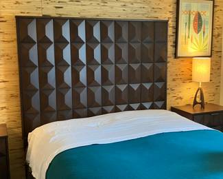 #65 $700.00 Queen size Sculpura style bed headboard 68Hx with 2 night stand 28x24x16 with mattress firm to medium "Origines" by Alpine