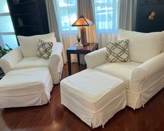 #49/ $600 Set Pottery Barn white canvas 2 club chairs 30Hx40Dx44W with 2 ottomans